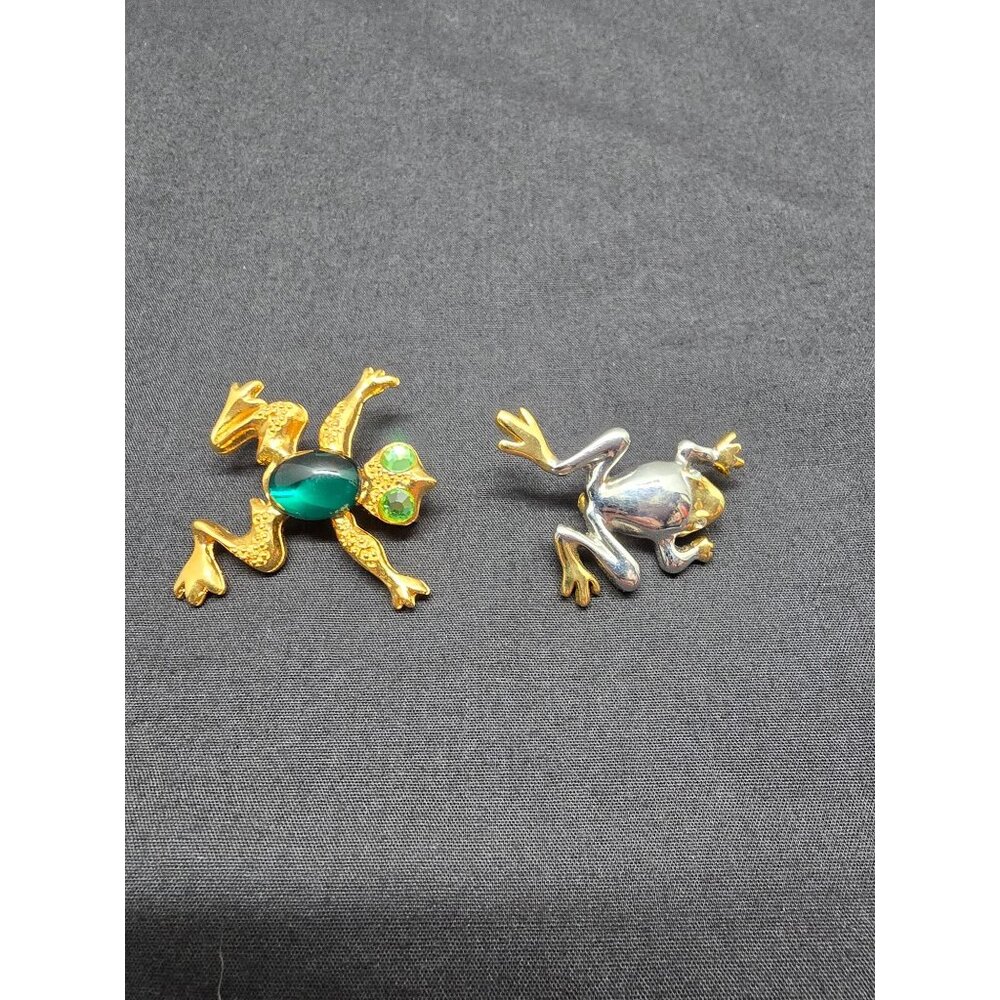 Vintage Lei Sophia Frog Brooches Gold & Silver Tone with Green Jelly Belly & Lig